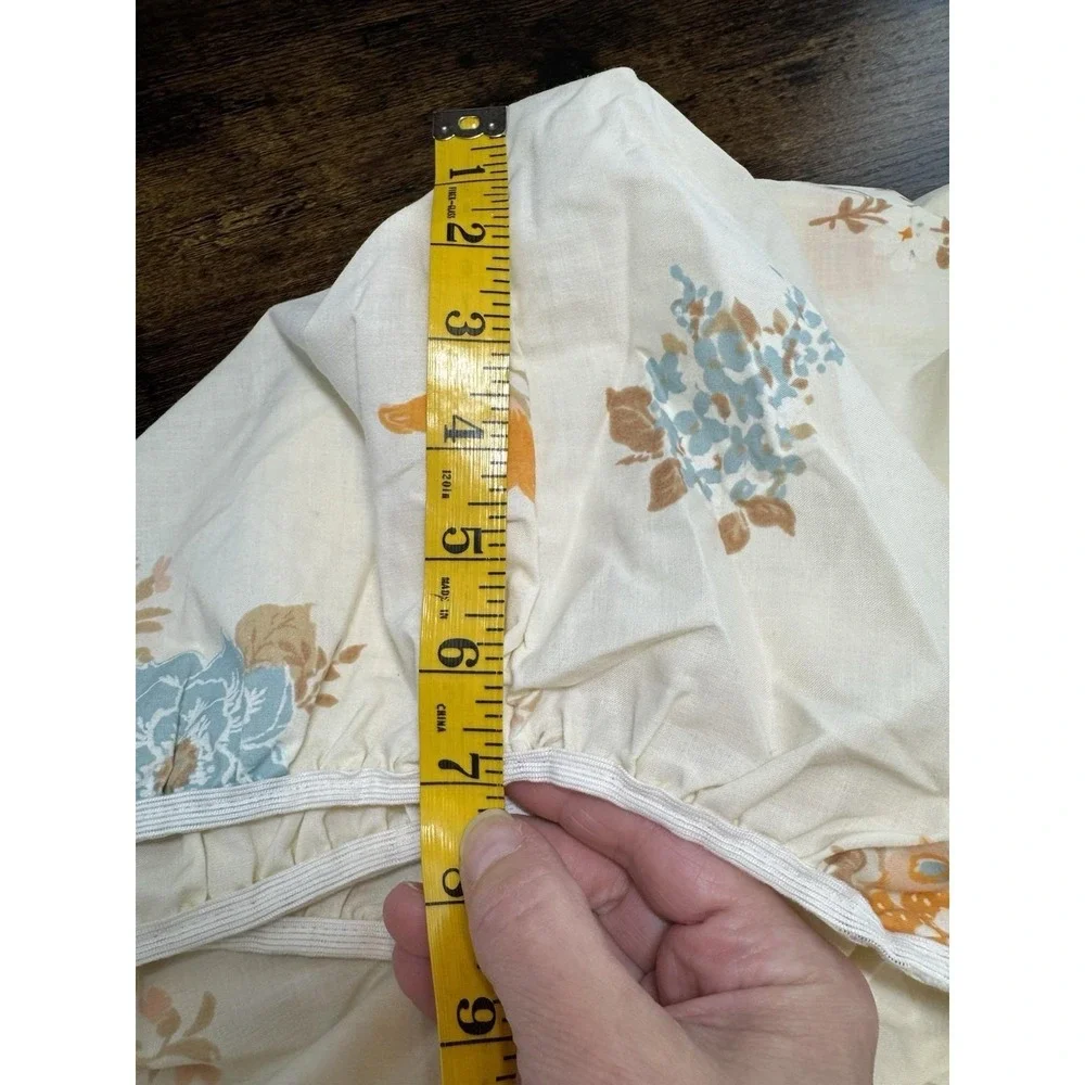 VTG FULL Sheet Set Tan Orange Blue Floral Flowers Tastemaker Percale 70s‎ Hippie
